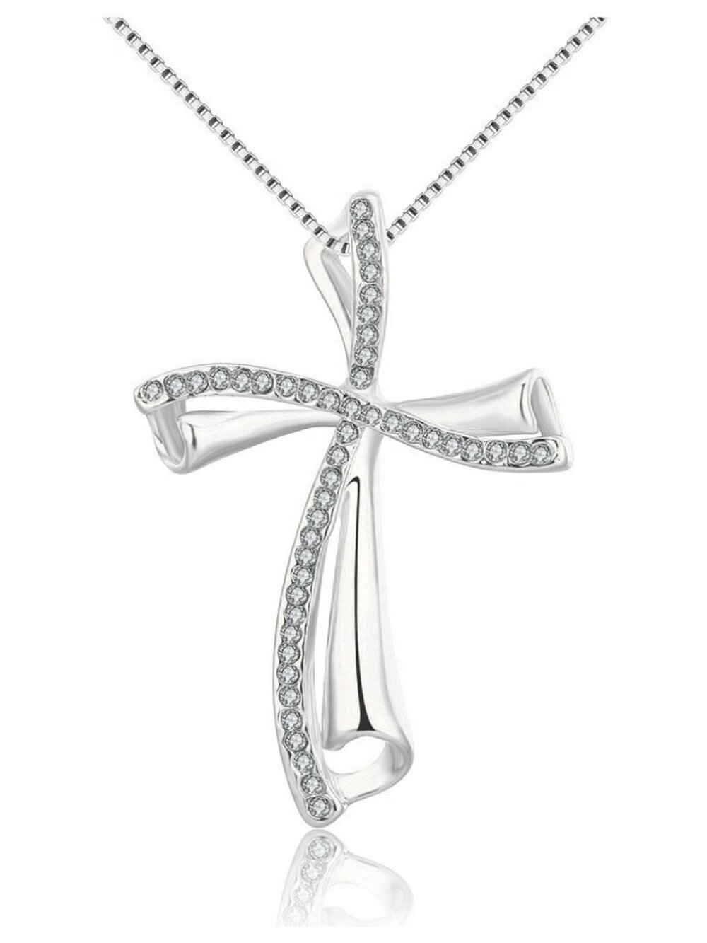 Silver Cubic Zirconia Swirl Cross Large Sparkly Contemporary Religious Necklace